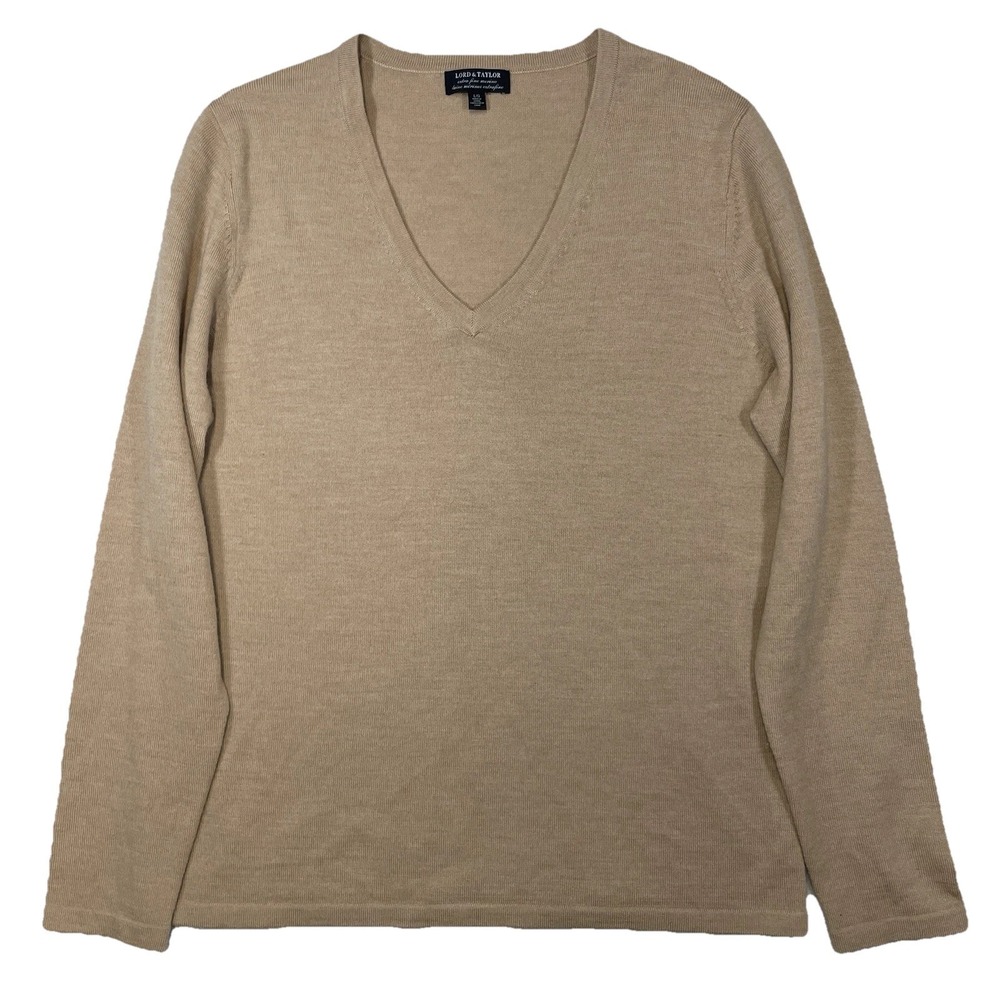 Lord & Taylor Women Large Tan Beige 100% Merino Wool V-Neck Pullover Sweater
